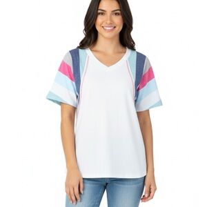 Stripe Sleeves V-Neck Hi-Lo Tee, Women’s various sizes, White Multicolor